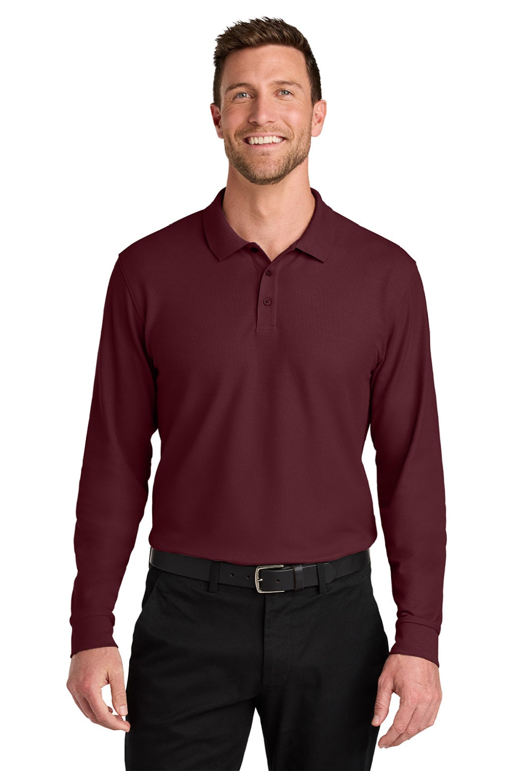 Port Authority K200LS Mens Wearever Signature Pique Long Sleeve Polo Shirt Burgundy Model Front
