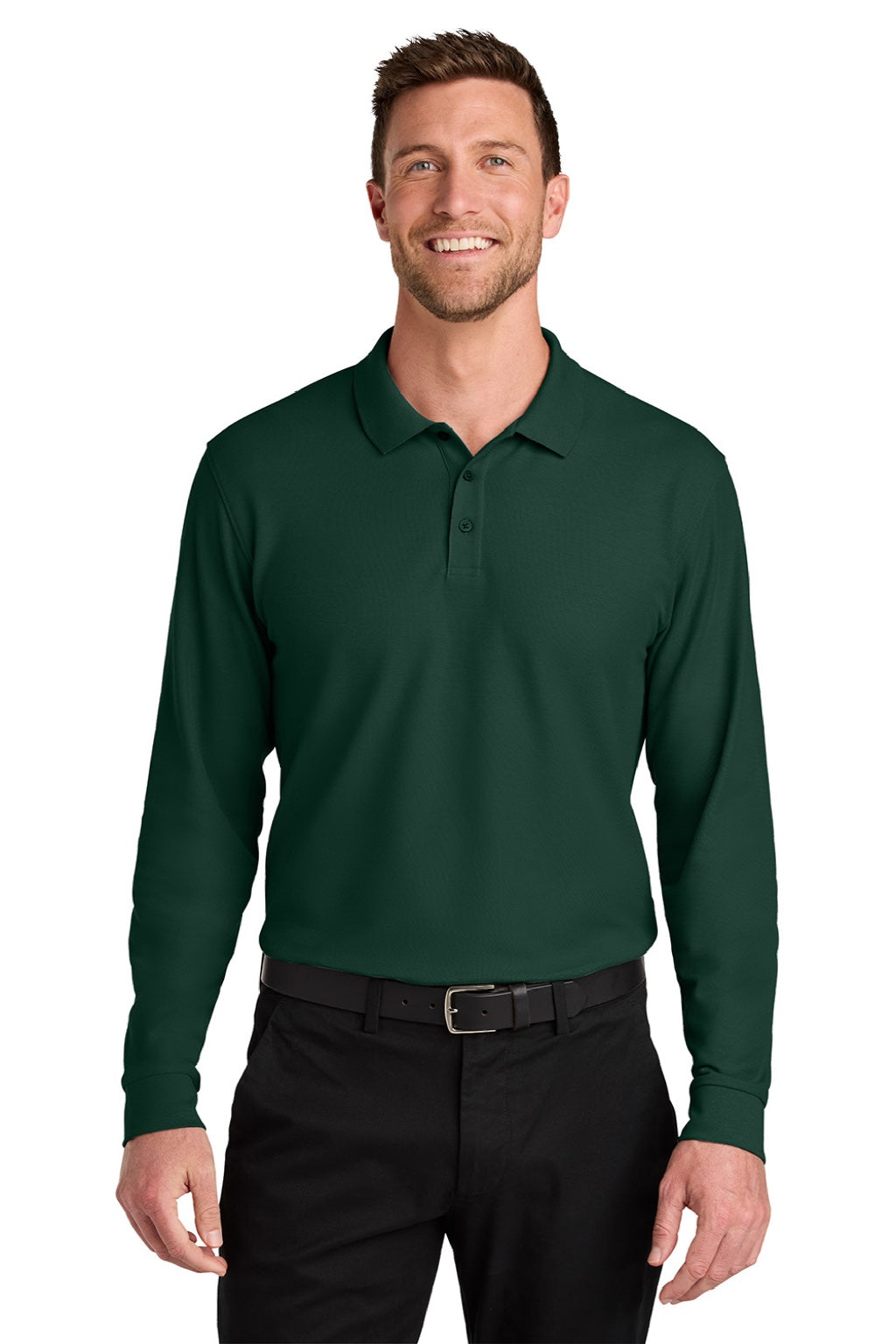 Port Authority K200LS Mens Wearever Signature Pique Long Sleeve Polo Shirt Dark Green Model Front