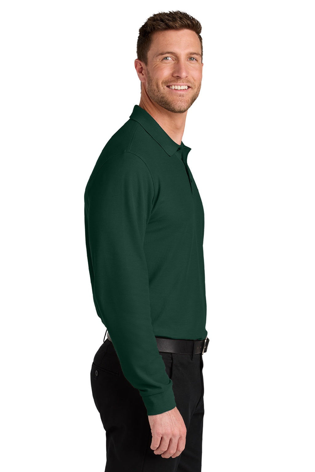 Port Authority K200LS Mens Wearever Signature Pique Long Sleeve Polo Shirt Dark Green Model Side