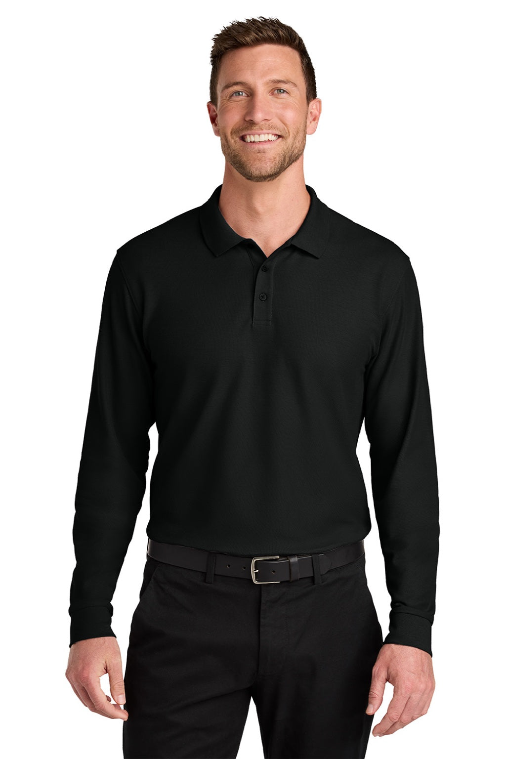 Port Authority K200LS Mens Wearever Signature Pique Long Sleeve Polo Shirt Deep Black Model Front