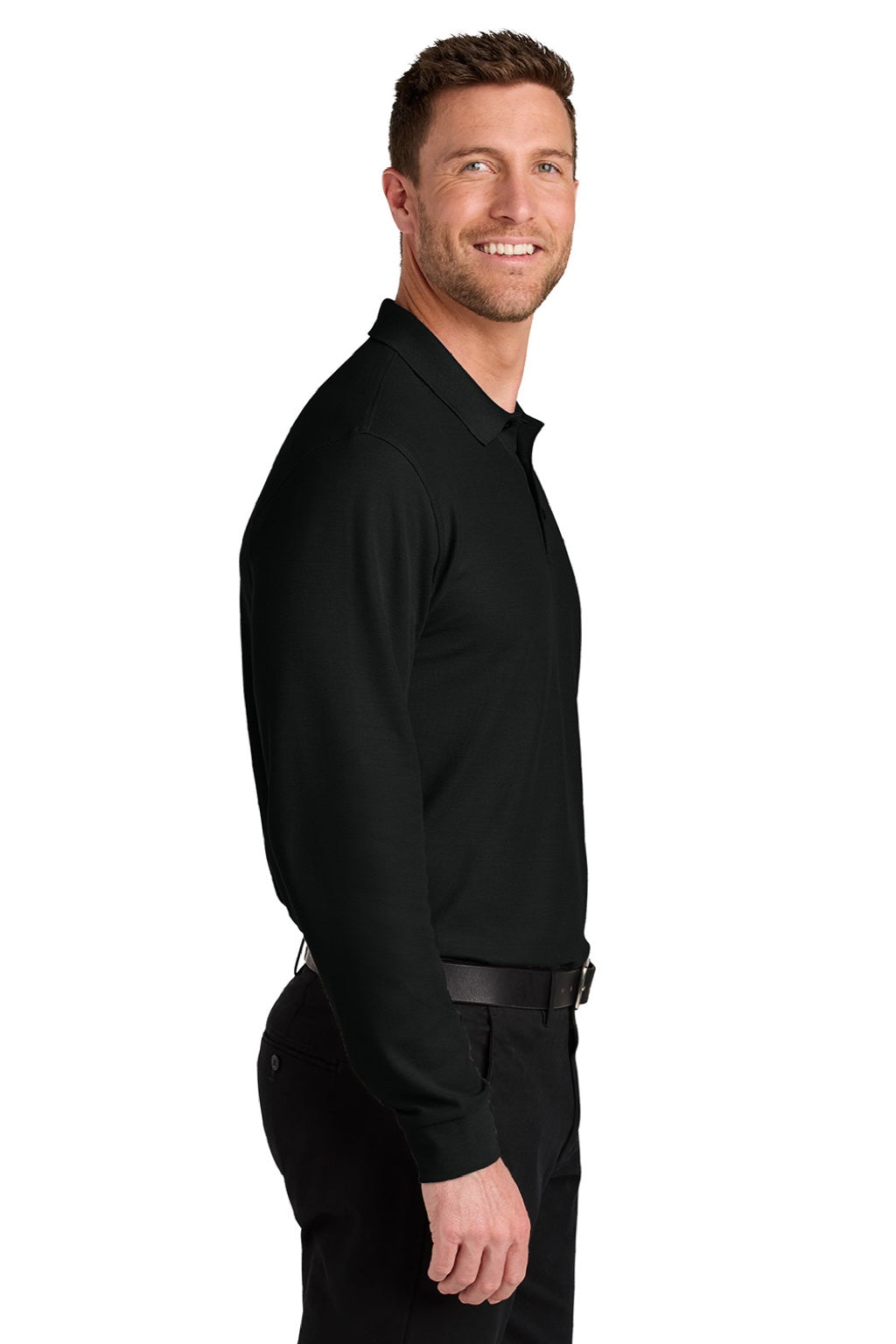 Port Authority K200LS Mens Wearever Signature Pique Long Sleeve Polo Shirt Deep Black Model Side