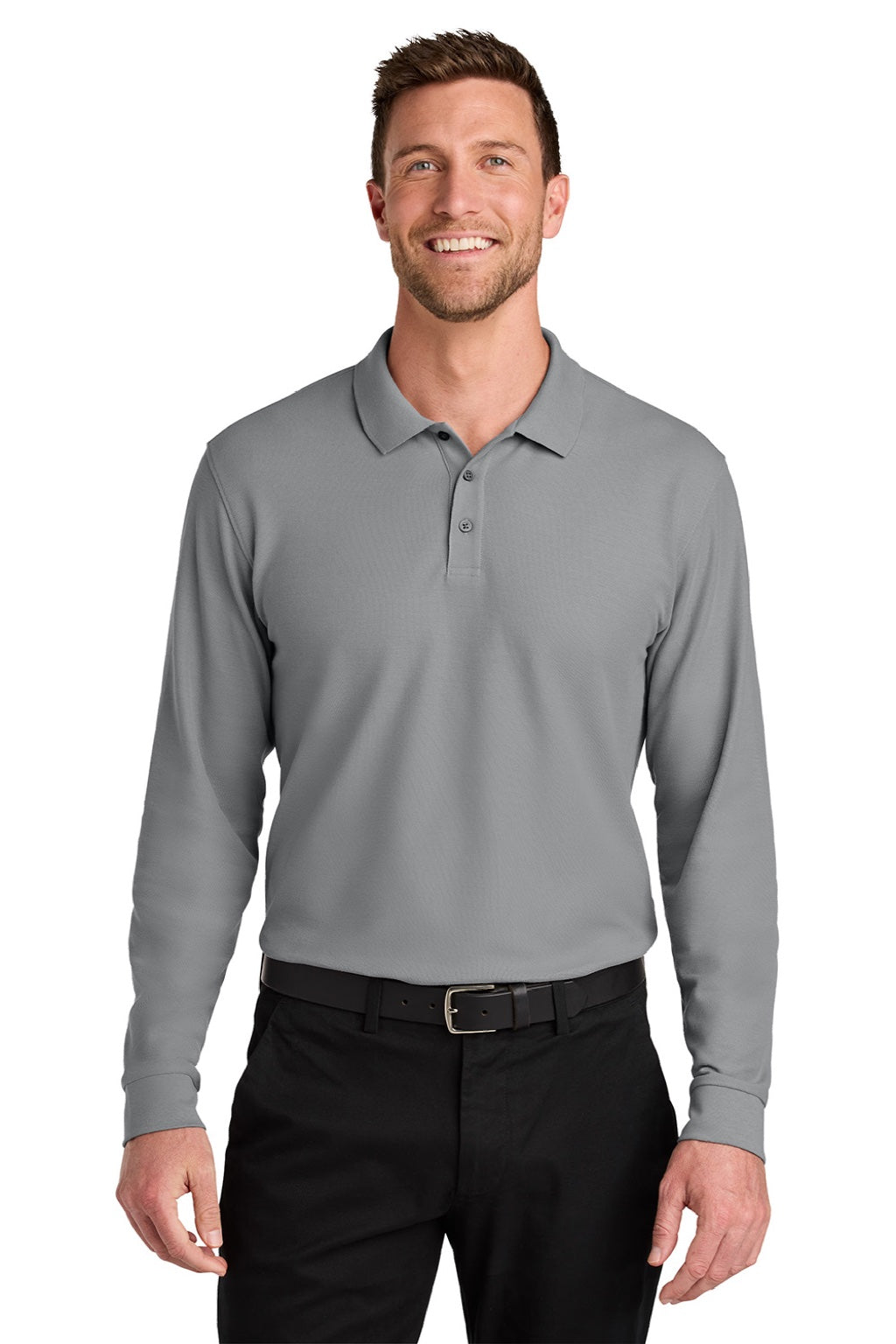 Port Authority K200LS Mens Wearever Signature Pique Long Sleeve Polo Shirt Gusty Grey Model Front