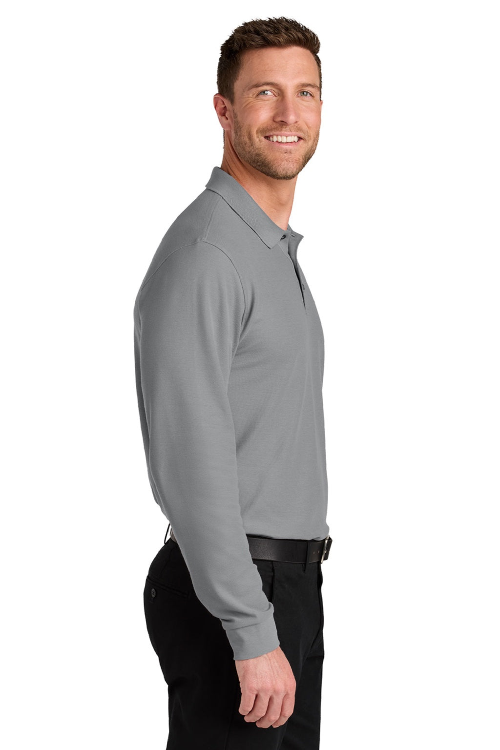 Port Authority K200LS Mens Wearever Signature Pique Long Sleeve Polo Shirt Gusty Grey Model Side
