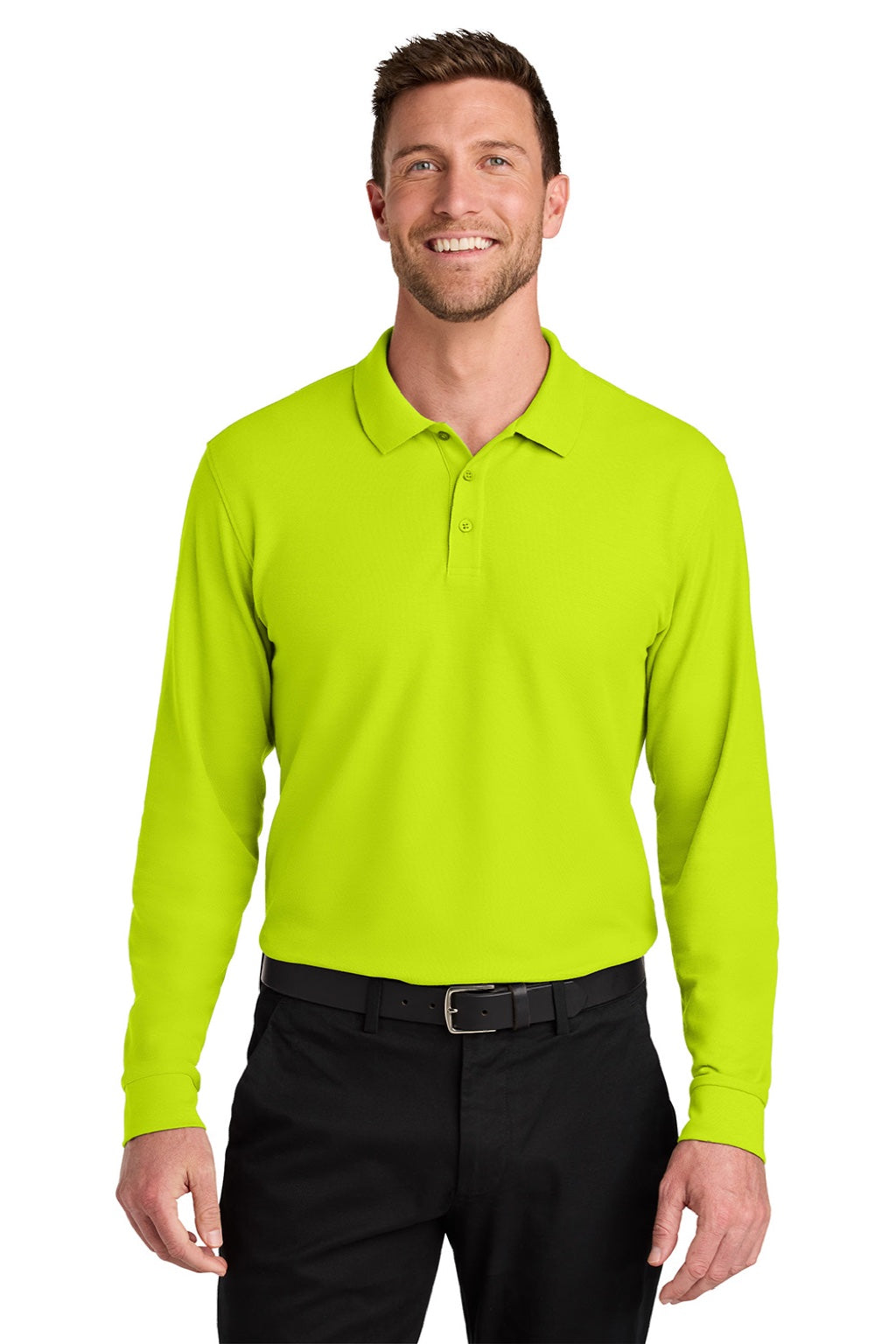 Port Authority K200LS Mens Wearever Signature Pique Long Sleeve Polo Shirt Neon Yellow Model Front