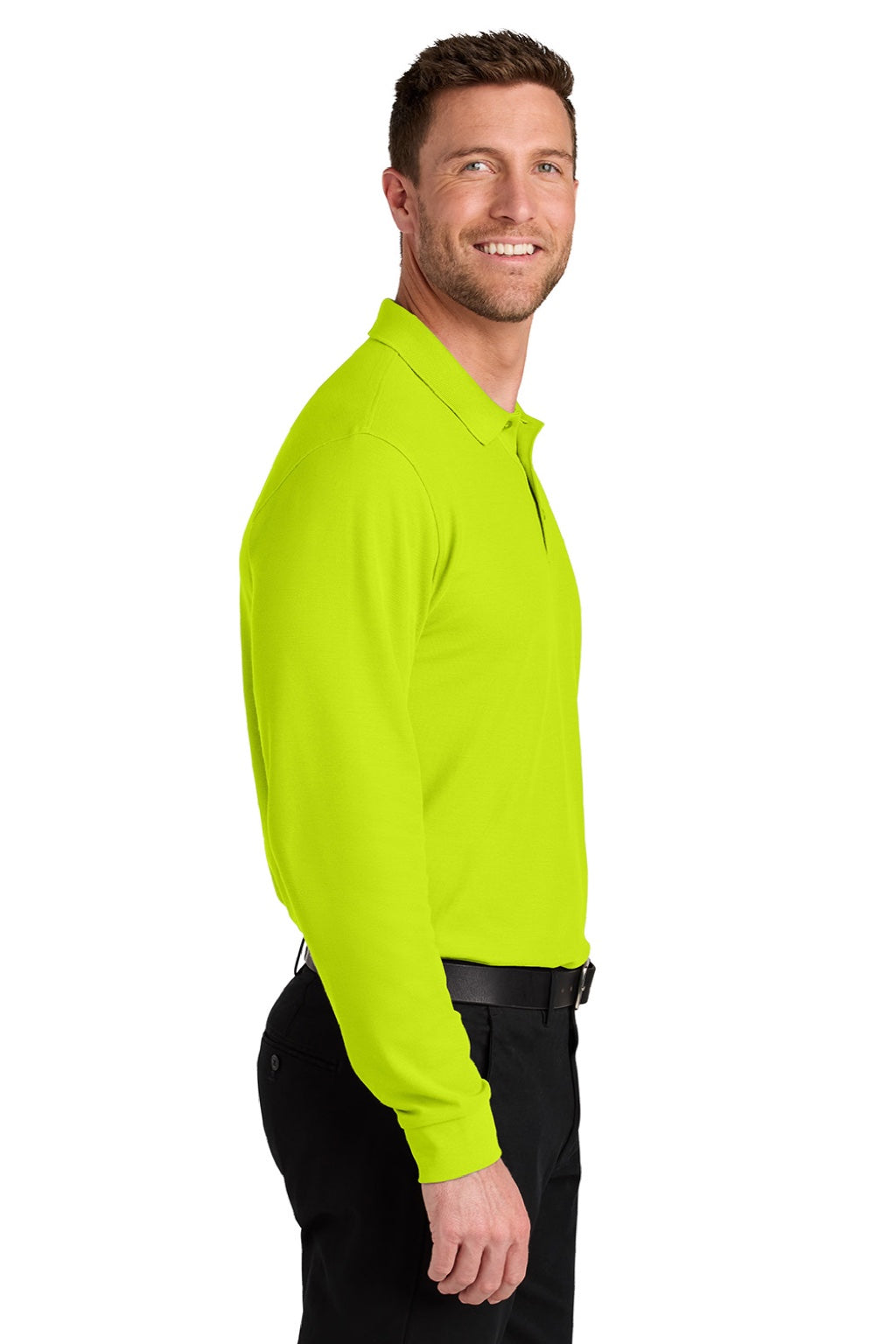 Port Authority K200LS Mens Wearever Signature Pique Long Sleeve Polo Shirt Neon Yellow Model Side