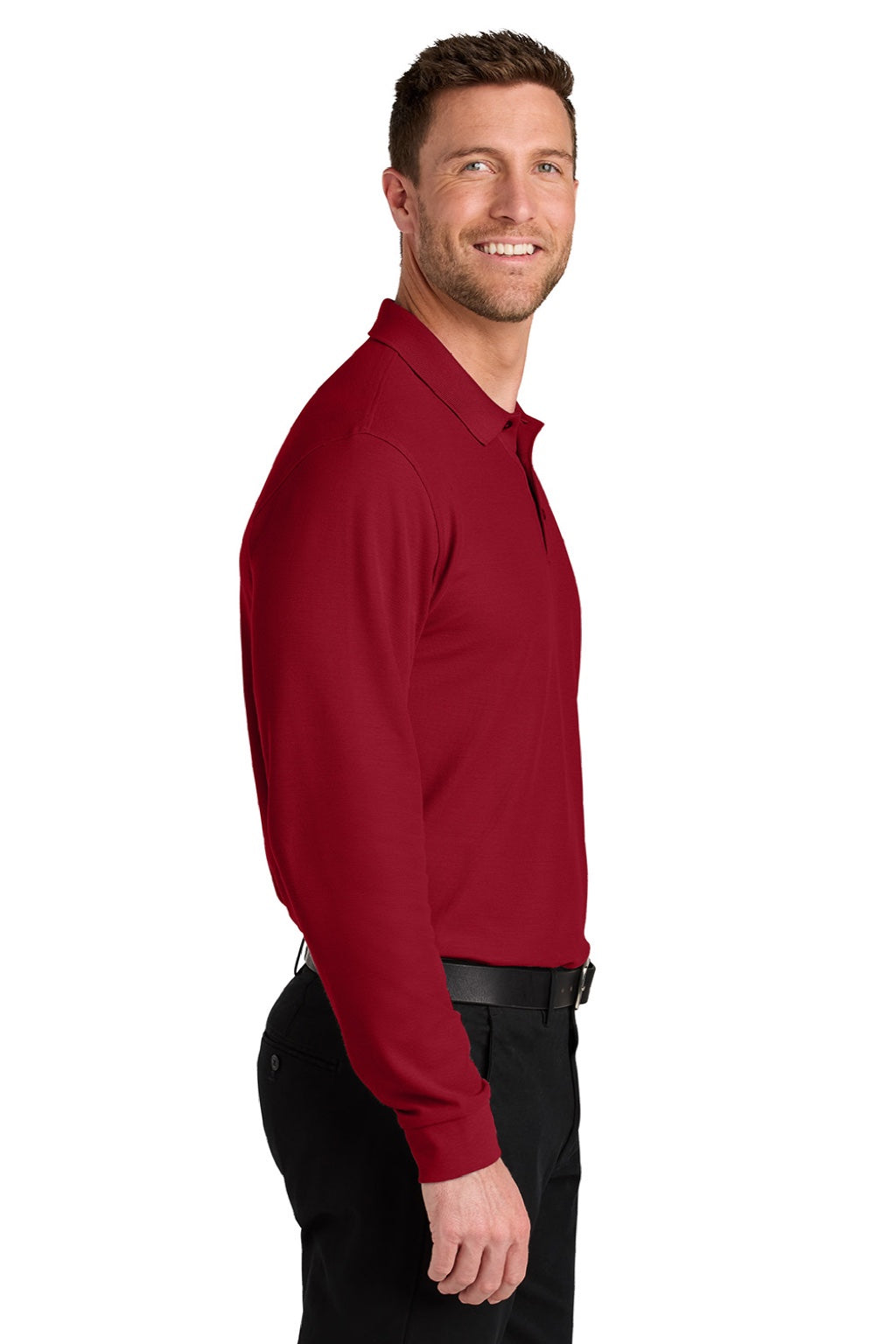 Port Authority K200LS Mens Wearever Signature Pique Long Sleeve Polo Shirt Rich Red Model Side