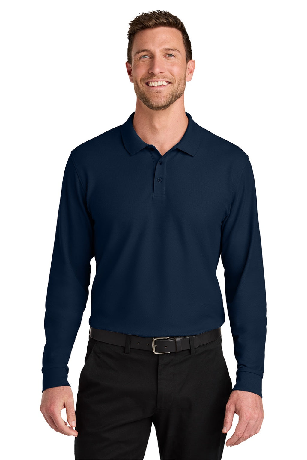 Port Authority K200LS Mens Wearever Signature Pique Long Sleeve Polo Shirt River Navy Blue Model Front