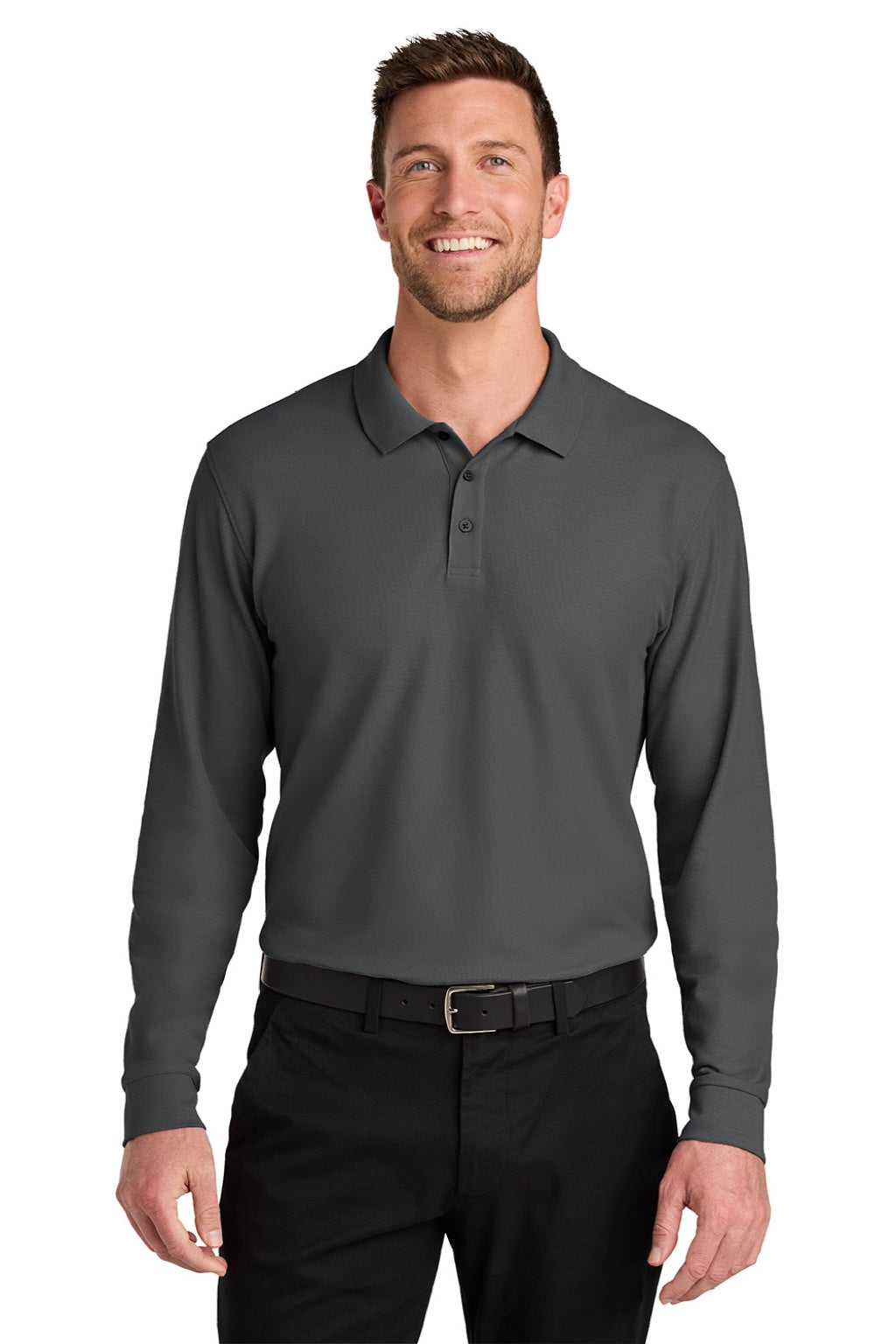 Port Authority K200LS Mens Wearever Signature Pique Long Sleeve Polo Shirt Storm Grey Model Front
