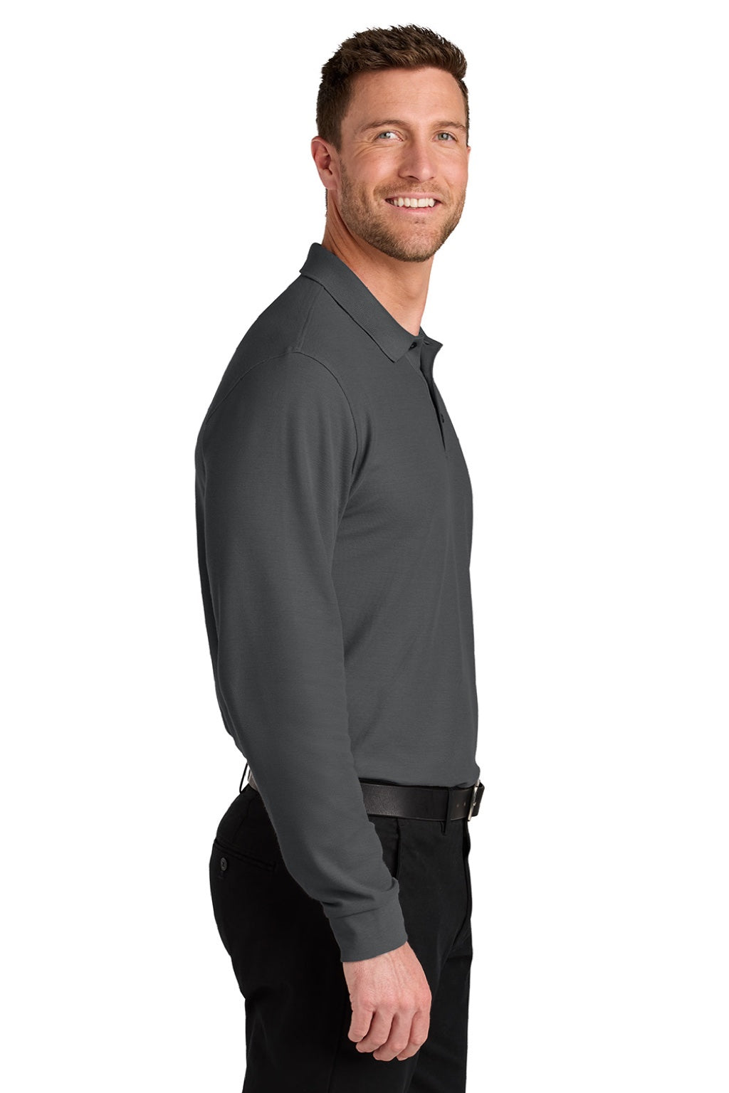 Port Authority K200LS Mens Wearever Signature Pique Long Sleeve Polo Shirt Storm Grey Model Side
