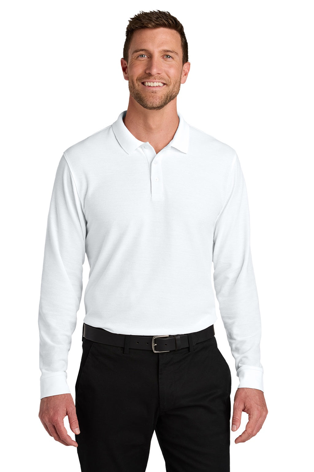 Port Authority K200LS Mens Wearever Signature Pique Long Sleeve Polo Shirt White Model Front
