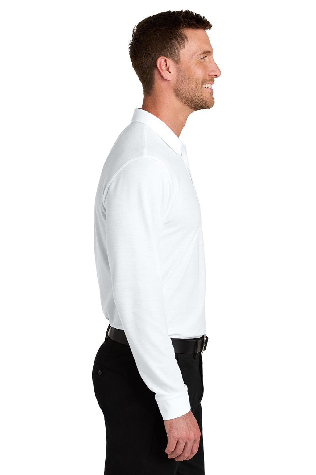 Port Authority K200LS Mens Wearever Signature Pique Long Sleeve Polo Shirt White Model Side
