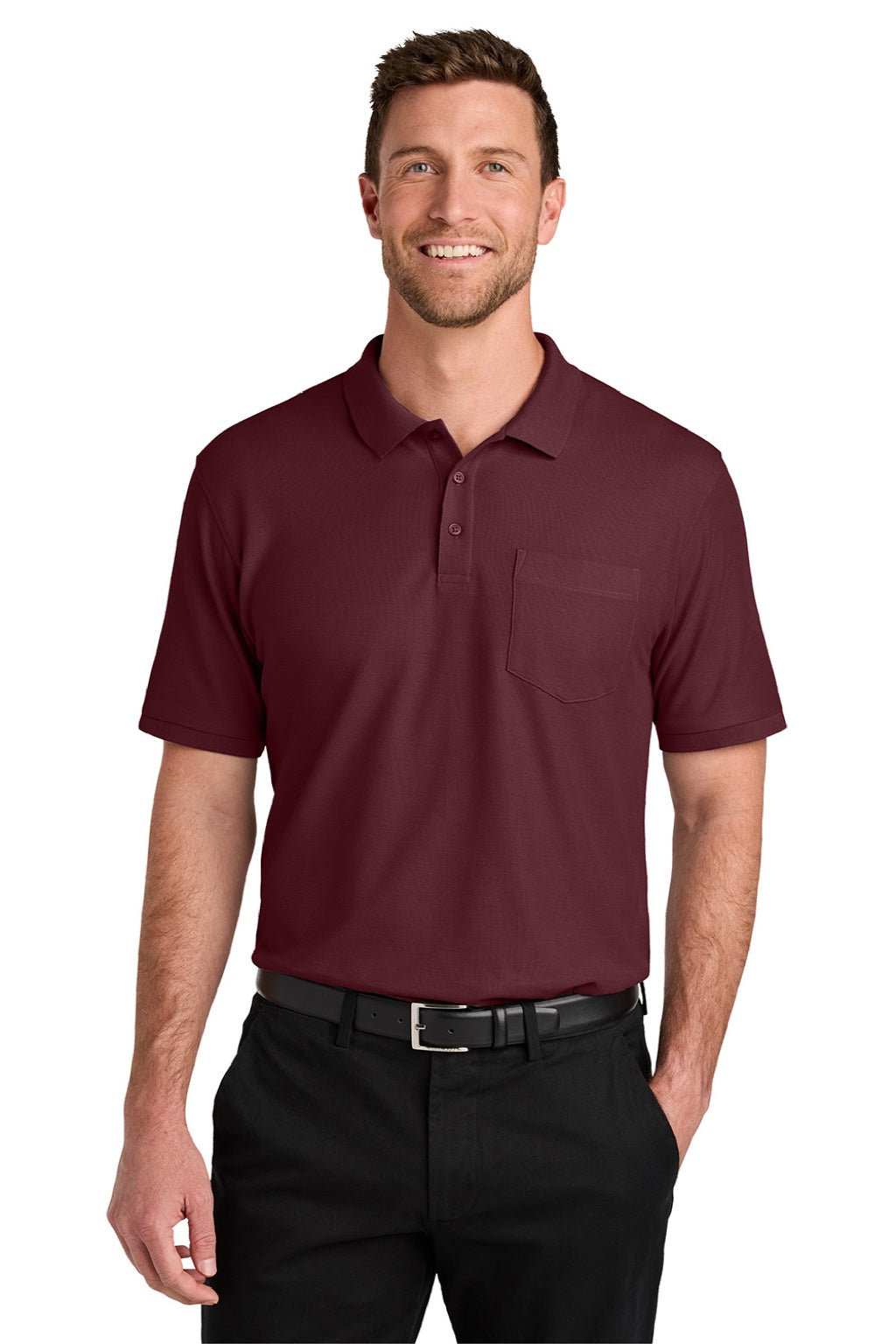 Port Authority K200P/TLK200P Mens Wearever Signature Pique Short Sleeve Polo Shirt w/ Pocket Burgundy Model Front