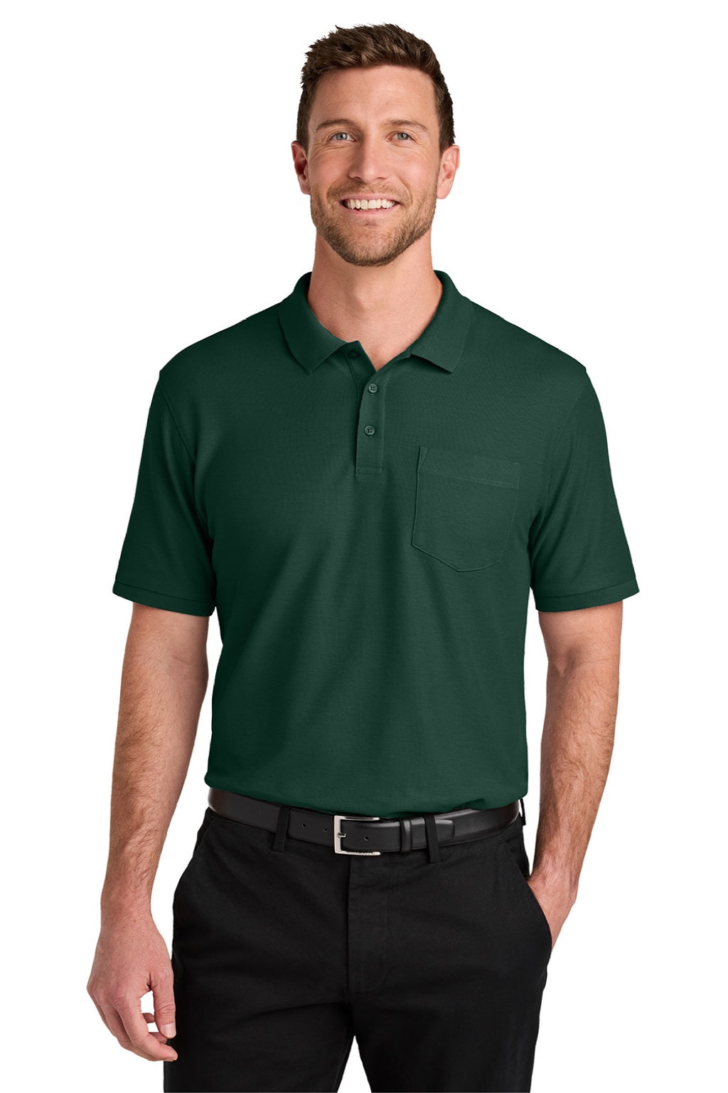 Port Authority K200P/TLK200P Mens Wearever Signature Pique Short Sleeve Polo Shirt w/ Pocket Dark Green Model Front