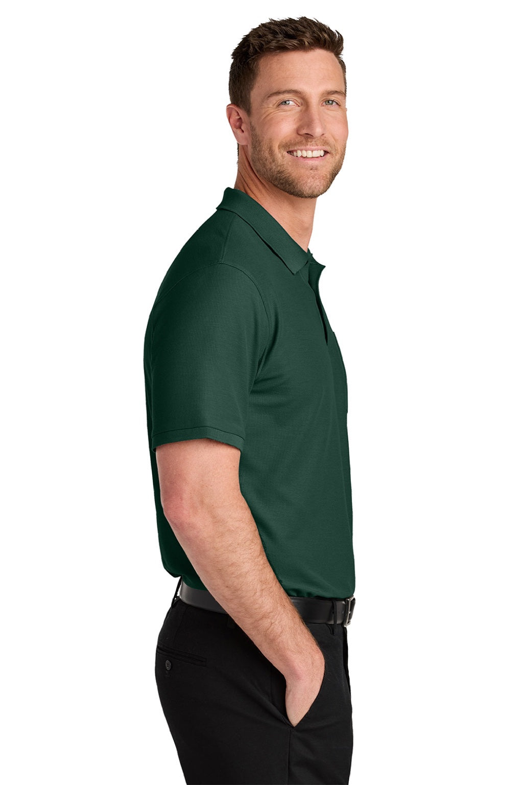 Port Authority K200P/TLK200P Mens Wearever Signature Pique Short Sleeve Polo Shirt w/ Pocket Dark Green Model Side