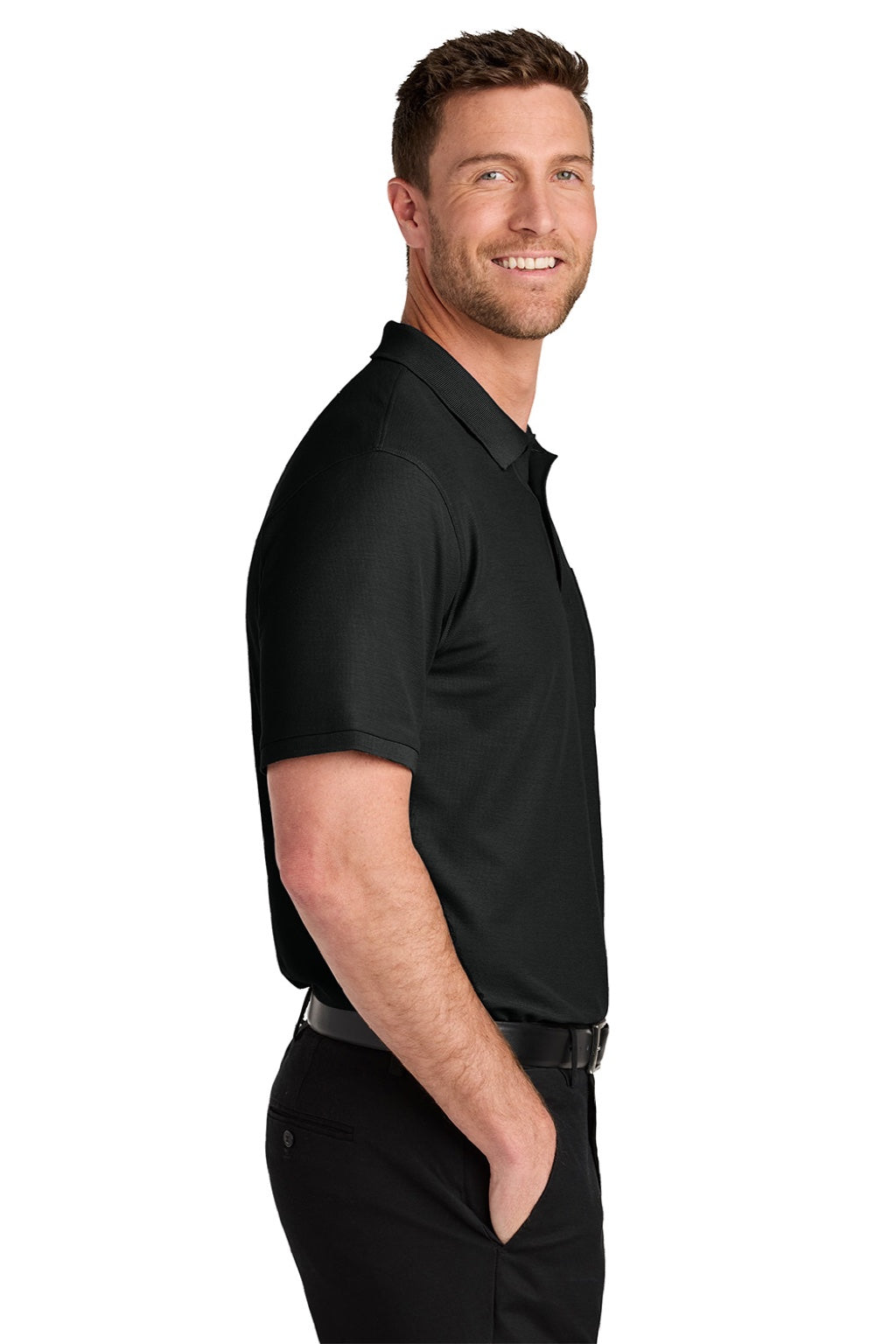 Port Authority K200P/TLK200P Mens Wearever Signature Pique Short Sleeve Polo Shirt w/ Pocket Deep Black Model Side
