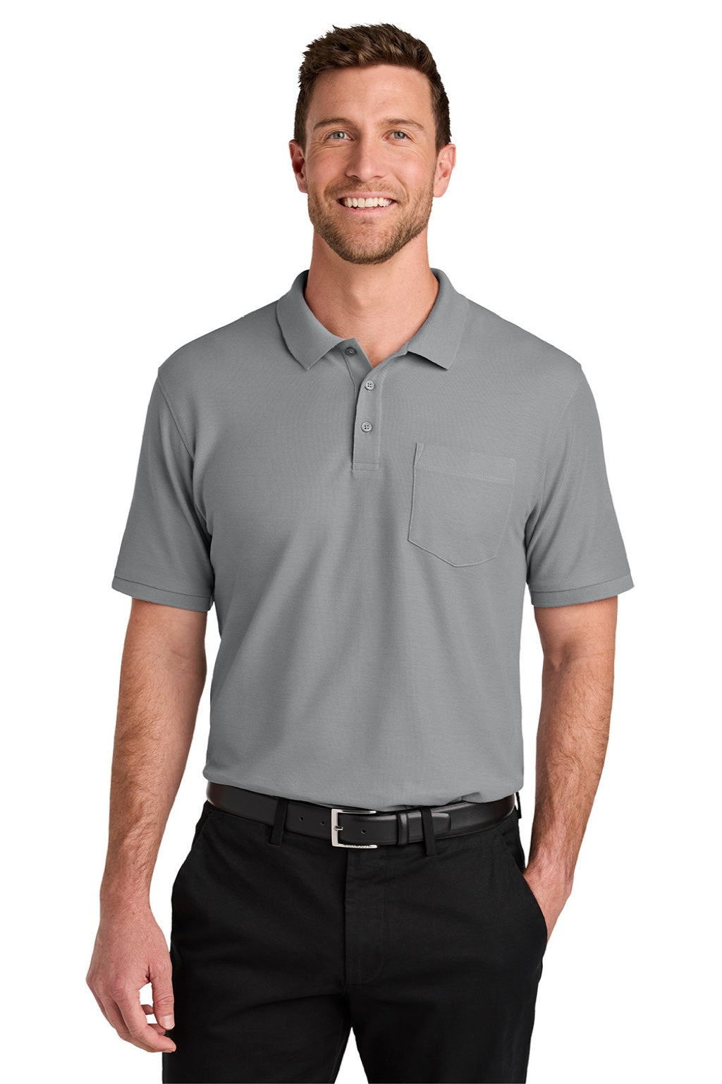 Port Authority K200P/TLK200P Mens Wearever Signature Pique Short Sleeve Polo Shirt w/ Pocket Gusty Grey Model Front
