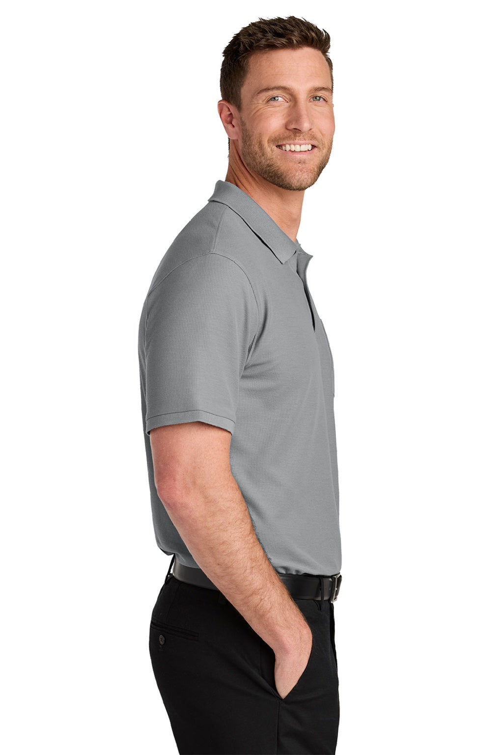 Port Authority K200P/TLK200P Mens Wearever Signature Pique Short Sleeve Polo Shirt w/ Pocket Gusty Grey Model Side