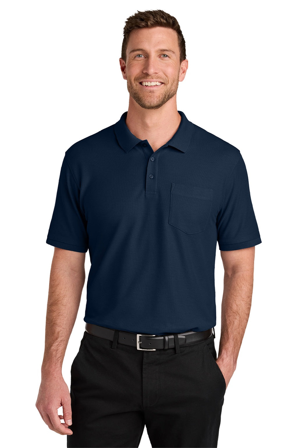 Port Authority K200P/TLK200P Mens Wearever Signature Pique Short Sleeve Polo Shirt w/ Pocket River Navy Blue Model Front