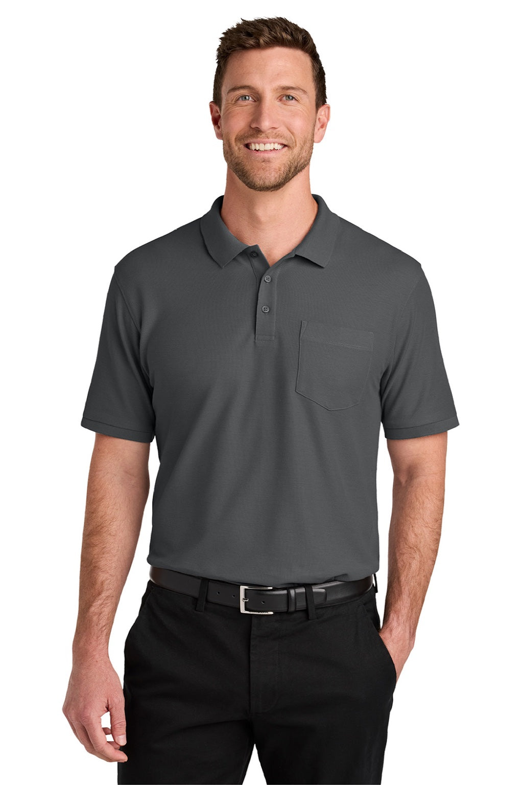 Port Authority K200P/TLK200P Mens Wearever Signature Pique Short Sleeve Polo Shirt w/ Pocket Storm Grey Model Front