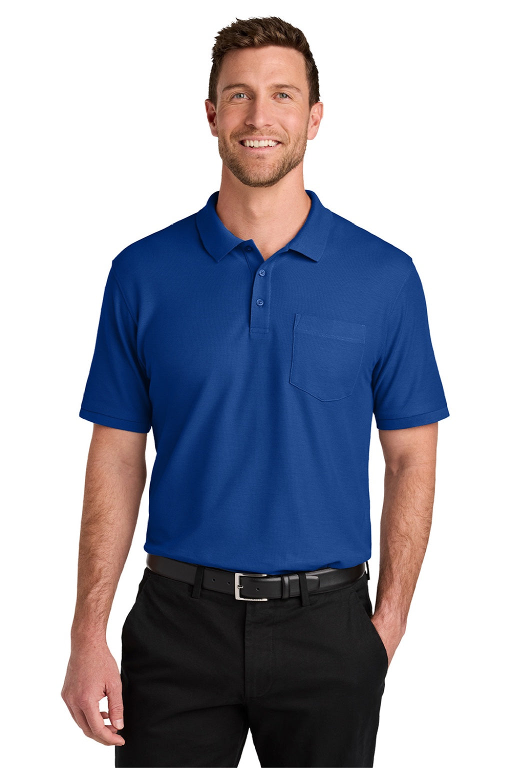 Port Authority K200P/TLK200P Mens Wearever Signature Pique Short Sleeve Polo Shirt w/ Pocket True Royal Blue Model Front