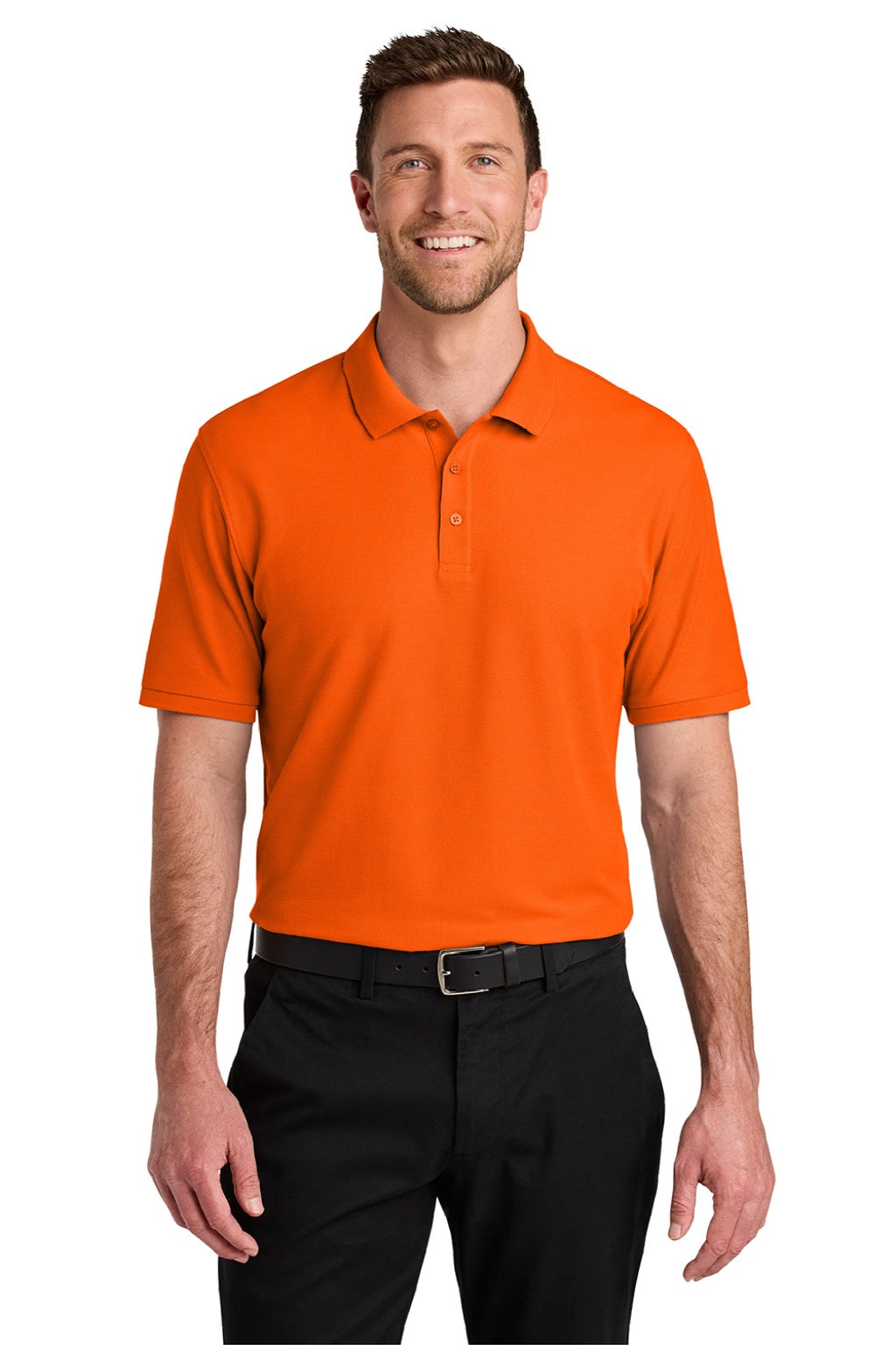 Port Authority K200/TLK200 Mens Wearever Signature Pique Short Sleeve Polo Shirt Neon Orange Model Front