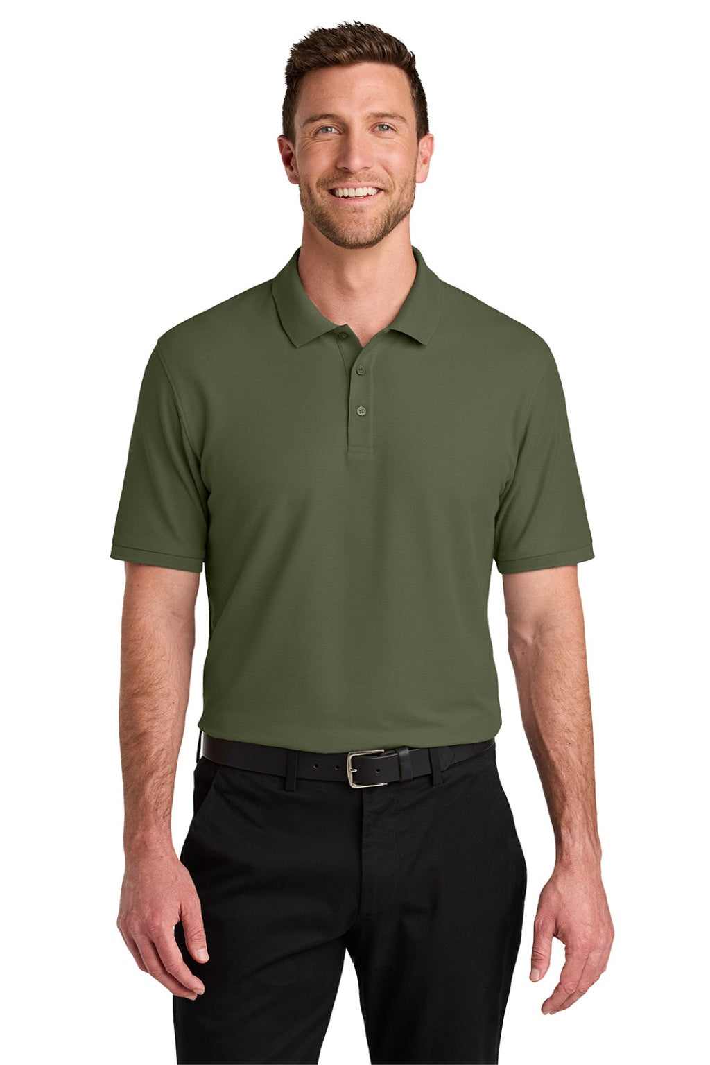 Port Authority K200/TLK200 Mens Wearever Signature Pique Short Sleeve Polo Shirt Olive Drab Green Model Front