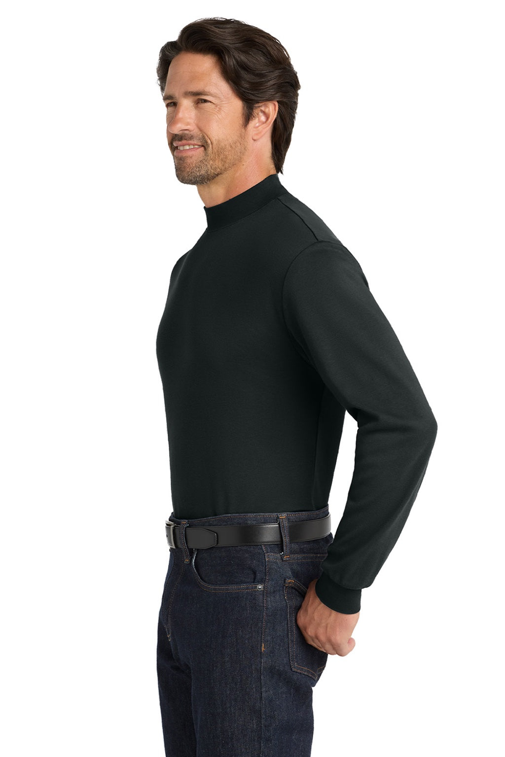 Port Authority K321 Mens Long Sleeve Mock Neck T-Shirt Black Model Side