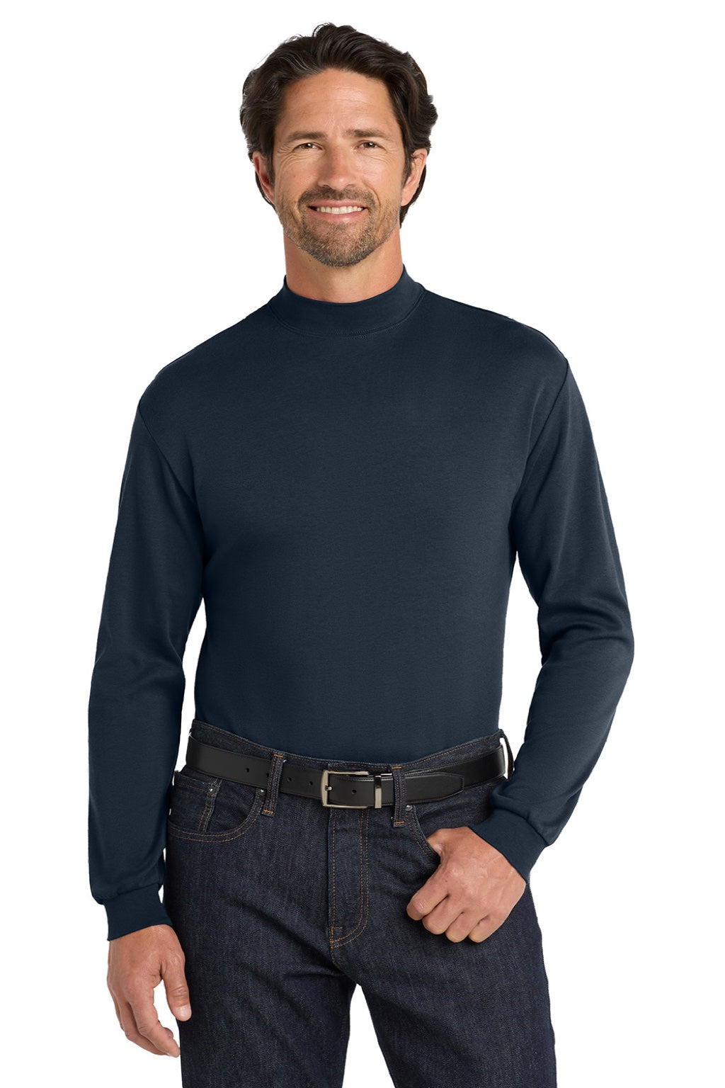 Port Authority K321 Mens Long Sleeve Mock Neck T-Shirt Navy Blue Model Front