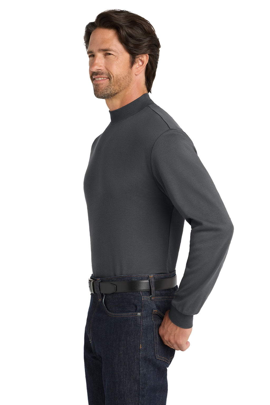 Port Authority K321 Mens Long Sleeve Mock Neck T-Shirt Steel Grey Model Side