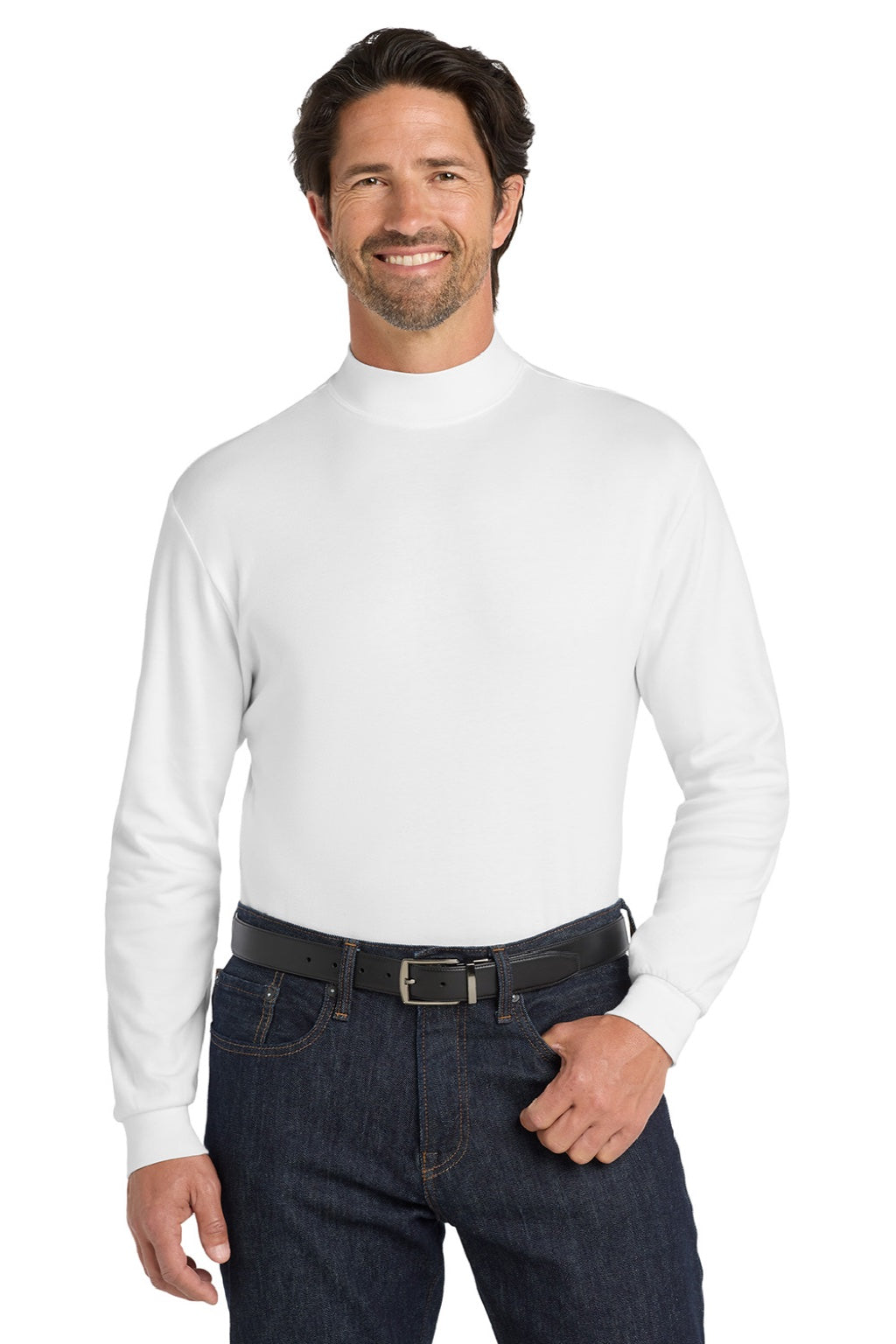 Port Authority K321 Mens Long Sleeve Mock Neck T-Shirt White Model Front