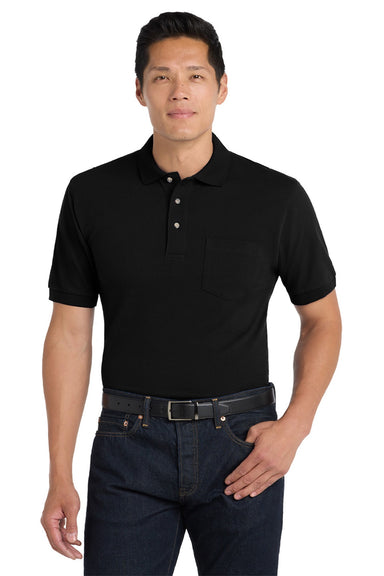 Port Authority K420P Mens Shrink Resistant Short Sleeve Polo Shirt w/ Pocket Black Model Front