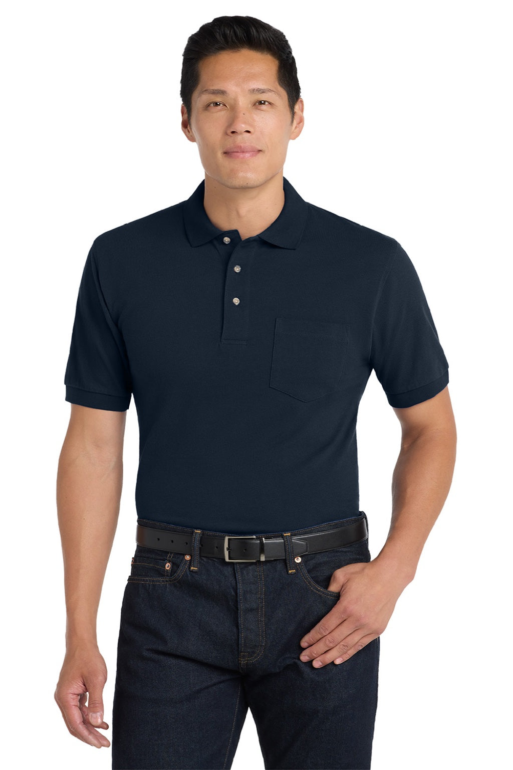 Port Authority K420P Mens Shrink Resistant Short Sleeve Polo Shirt w/ Pocket Navy Blue Model Front
