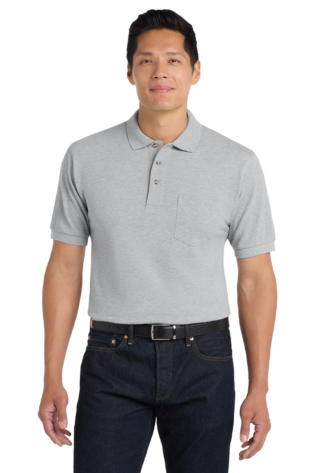 Port Authority K420P Mens Shrink Resistant Short Sleeve Polo Shirt w/ Pocket Oxford Grey Model Front