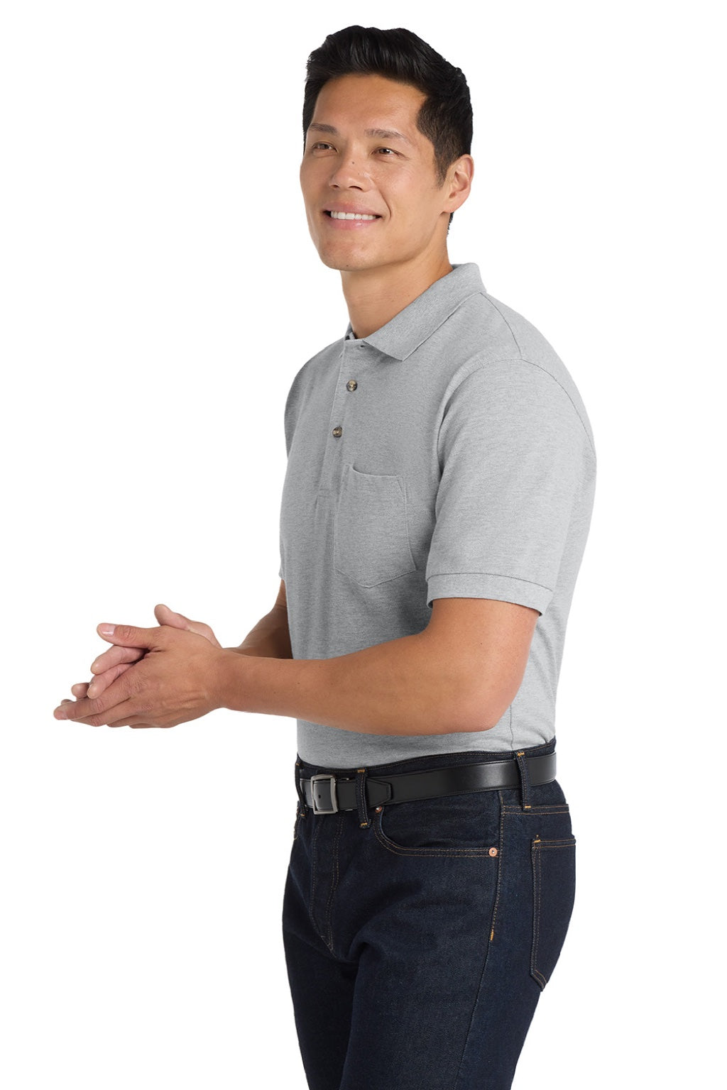 Port Authority K420P Mens Shrink Resistant Short Sleeve Polo Shirt w/ Pocket Oxford Grey Model Side