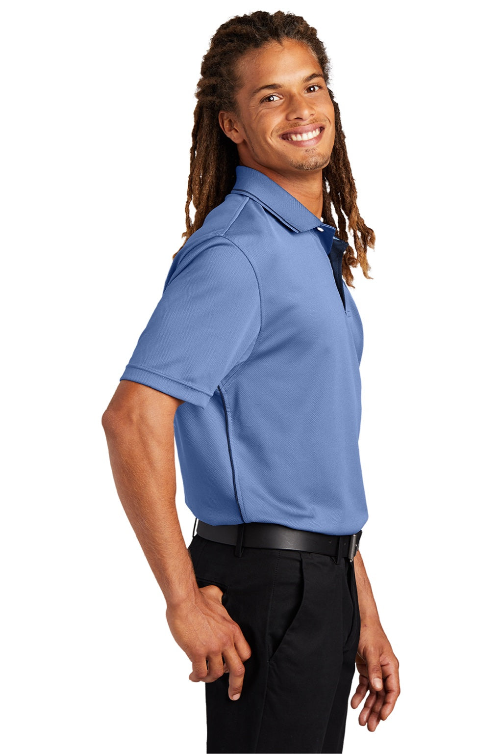 Sport-Tek K467 Mens Dri-Mesh Moisture Wicking Short Sleeve Polo Shirt Blueberry/Navy Blue Model Side