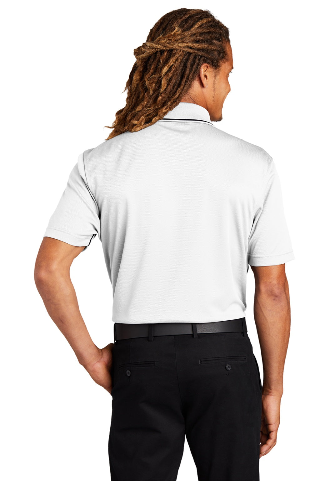 Sport-Tek K467 Mens Dri-Mesh Moisture Wicking Short Sleeve Polo Shirt White/Black Model Back