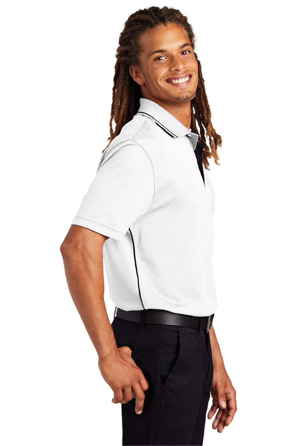Sport-Tek K467 Mens Dri-Mesh Moisture Wicking Short Sleeve Polo Shirt White/Black Model Side