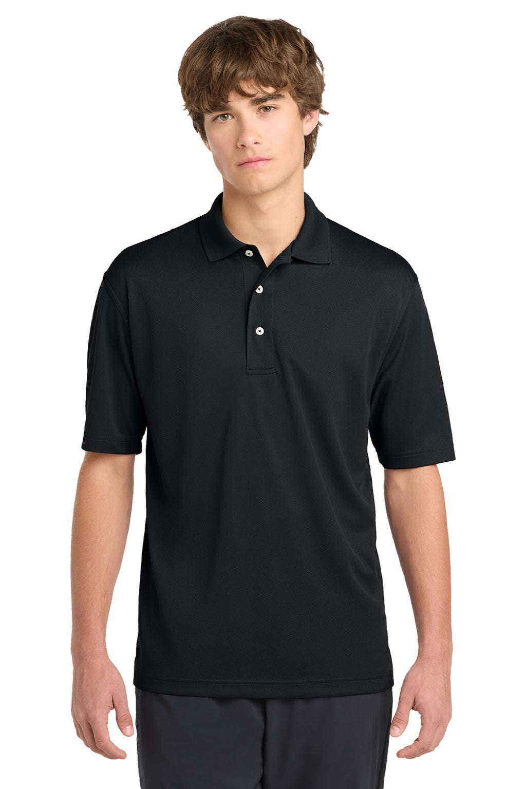 Sport-Tek K469/TK469 Mens Dri-Mesh Moisture Wicking Short Sleeve Polo Shirt Black Model Front