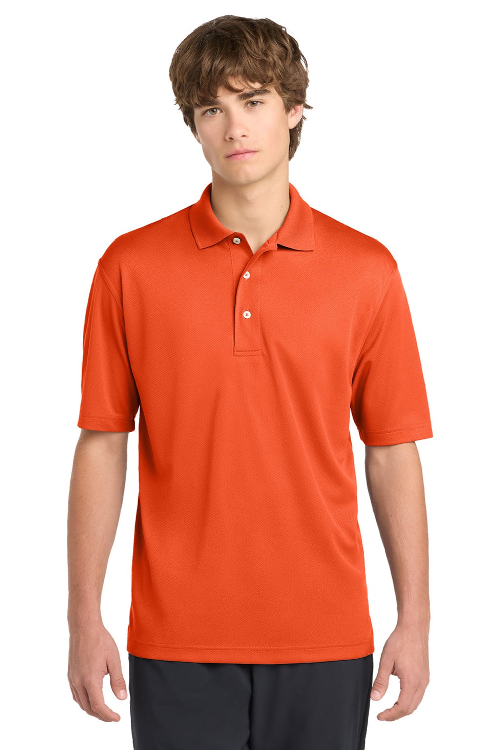 Sport-Tek K469/TK469 Mens Dri-Mesh Moisture Wicking Short Sleeve Polo Shirt Bright Orange Model Front