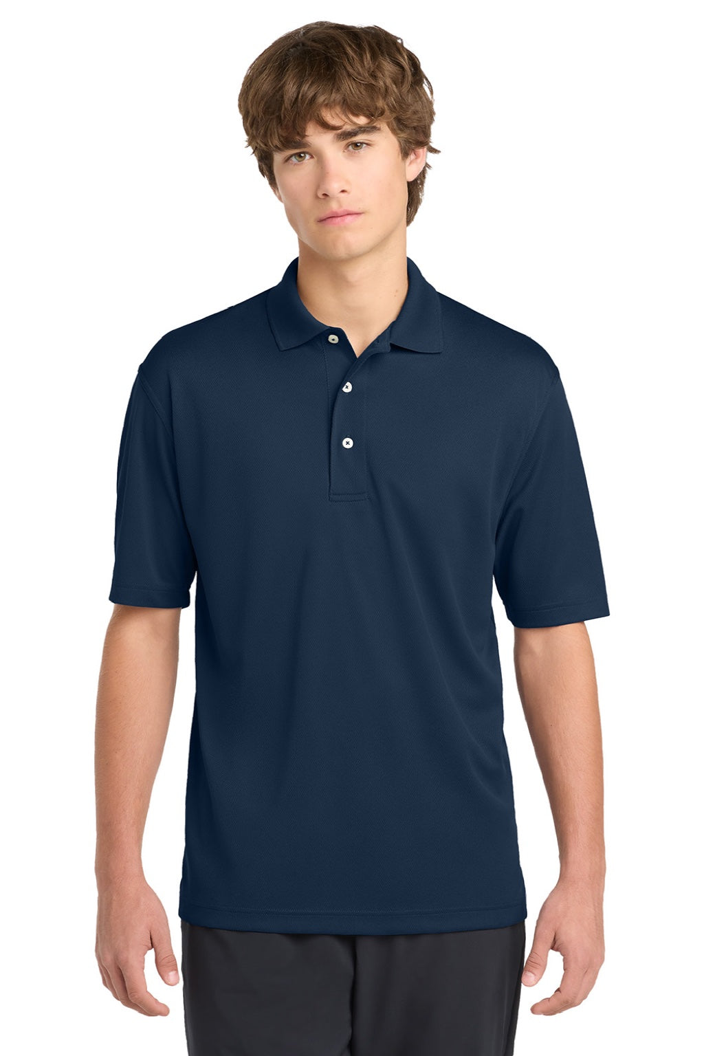Sport-Tek K469/TK469 Mens Dri-Mesh Moisture Wicking Short Sleeve Polo Shirt Navy Blue Model Front