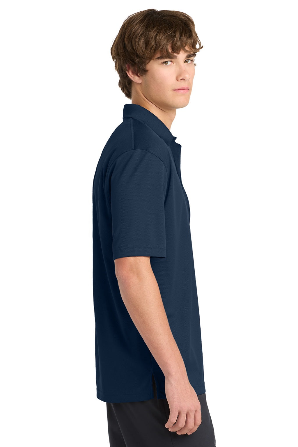 Sport-Tek K469/TK469 Mens Dri-Mesh Moisture Wicking Short Sleeve Polo Shirt Navy Blue Model Side