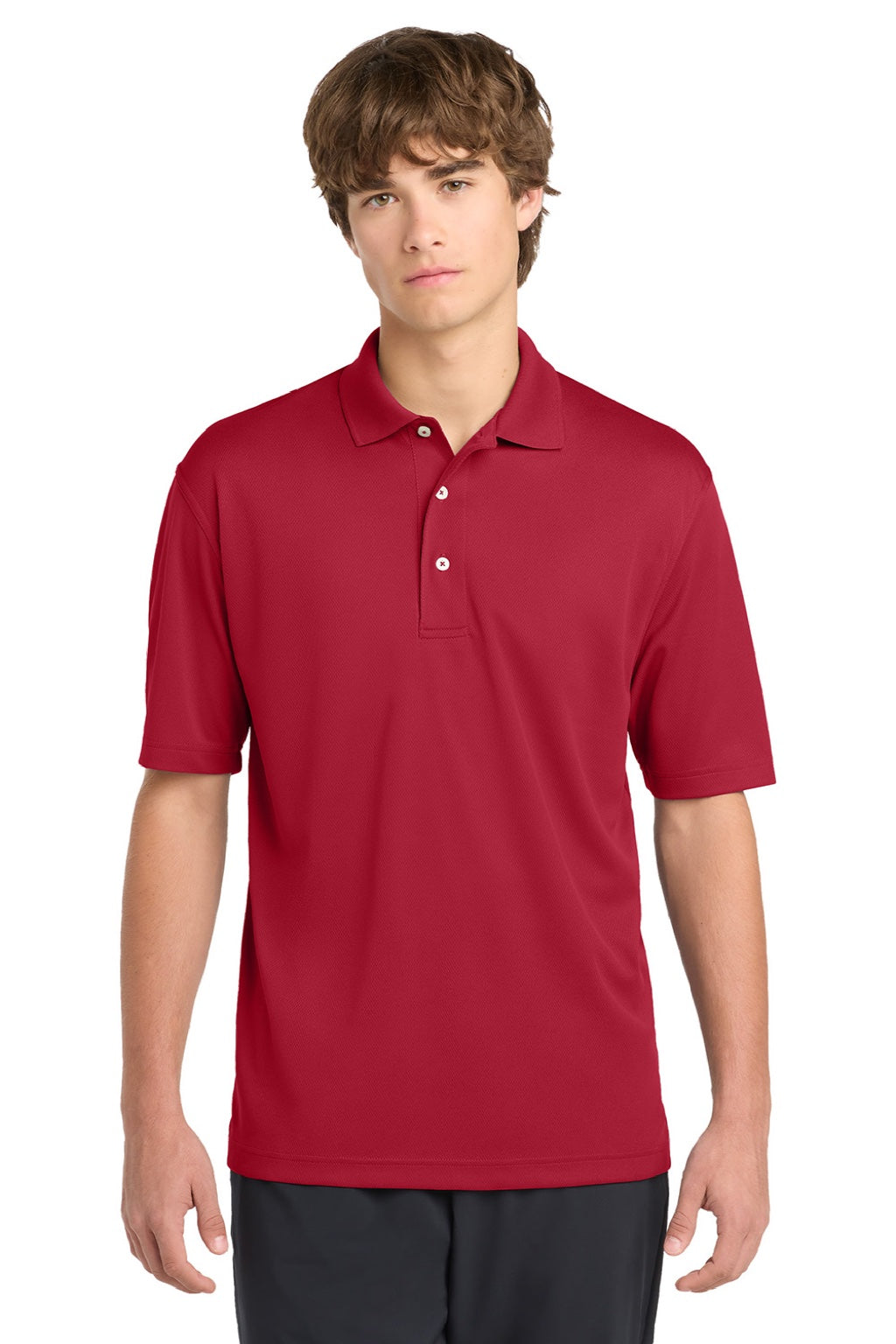 Sport-Tek K469/TK469 Mens Dri-Mesh Moisture Wicking Short Sleeve Polo Shirt Red Model Front