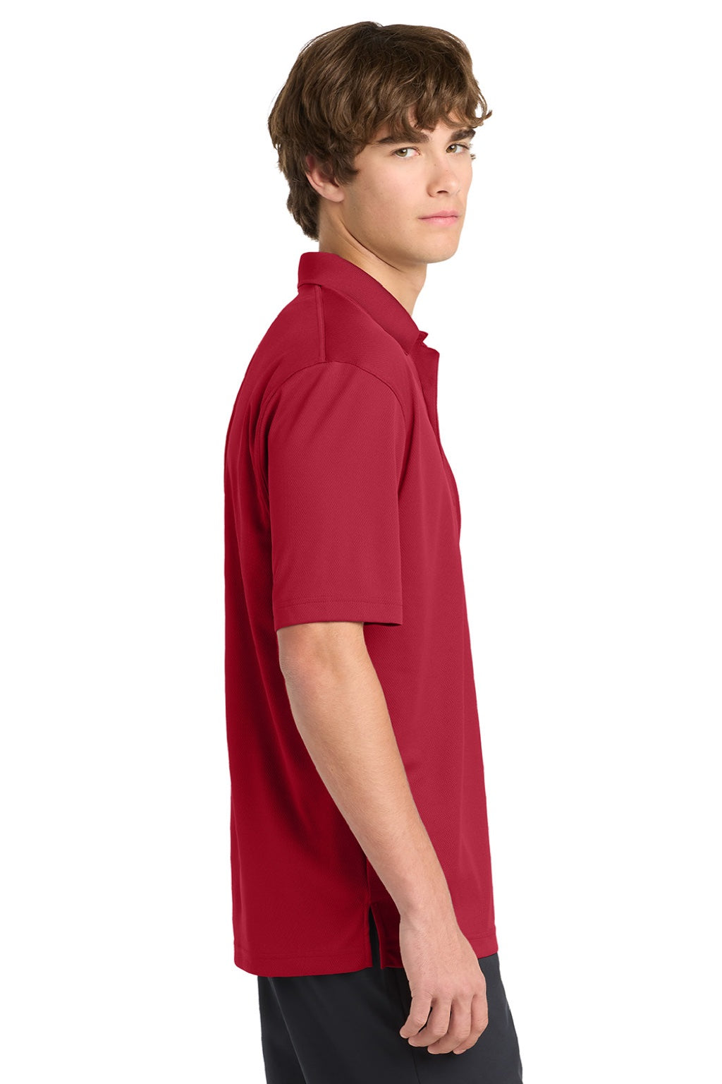 Sport-Tek K469/TK469 Mens Dri-Mesh Moisture Wicking Short Sleeve Polo Shirt Red Model Side