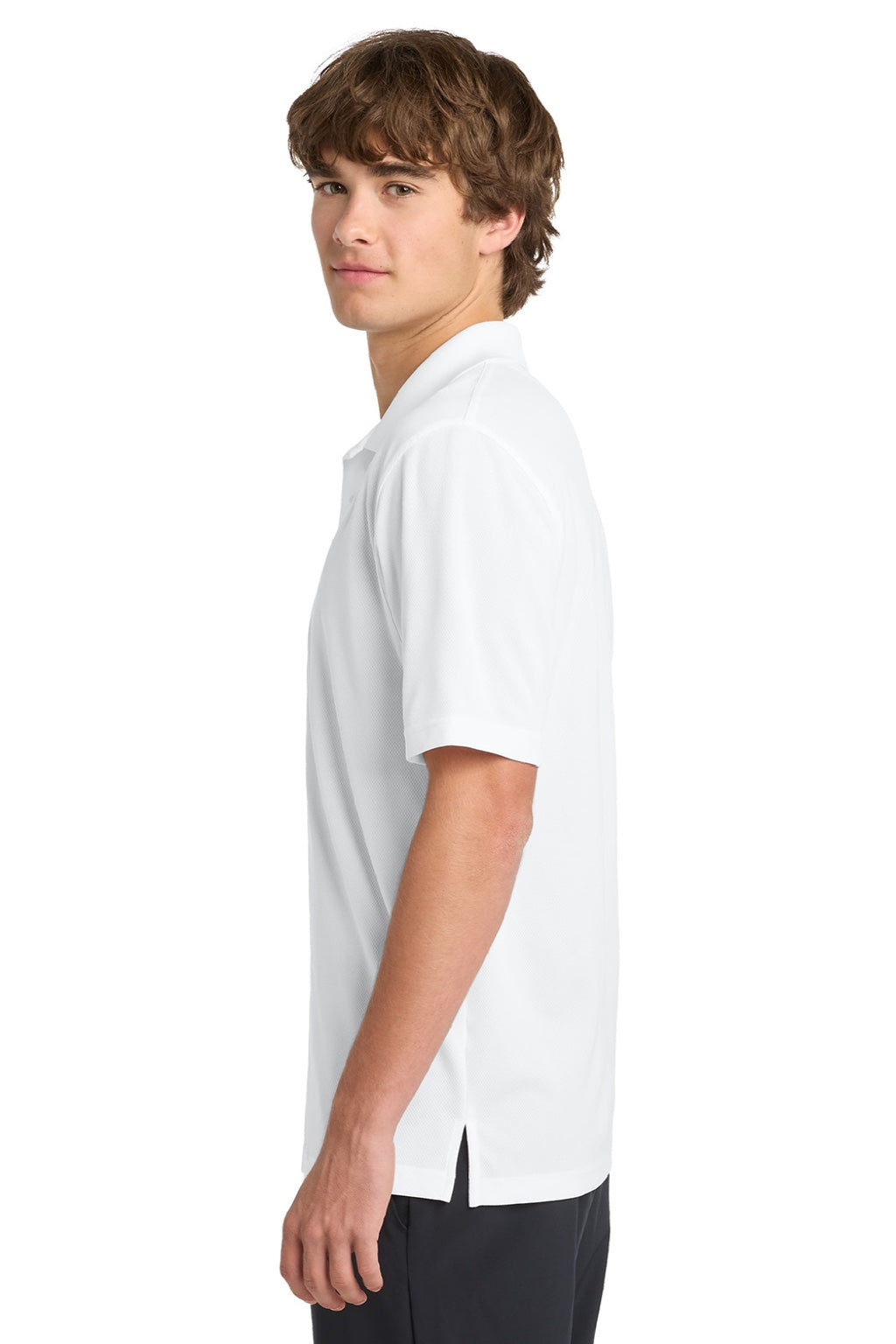 Sport-Tek K469/TK469 Mens Dri-Mesh Moisture Wicking Short Sleeve Polo Shirt White Model Side