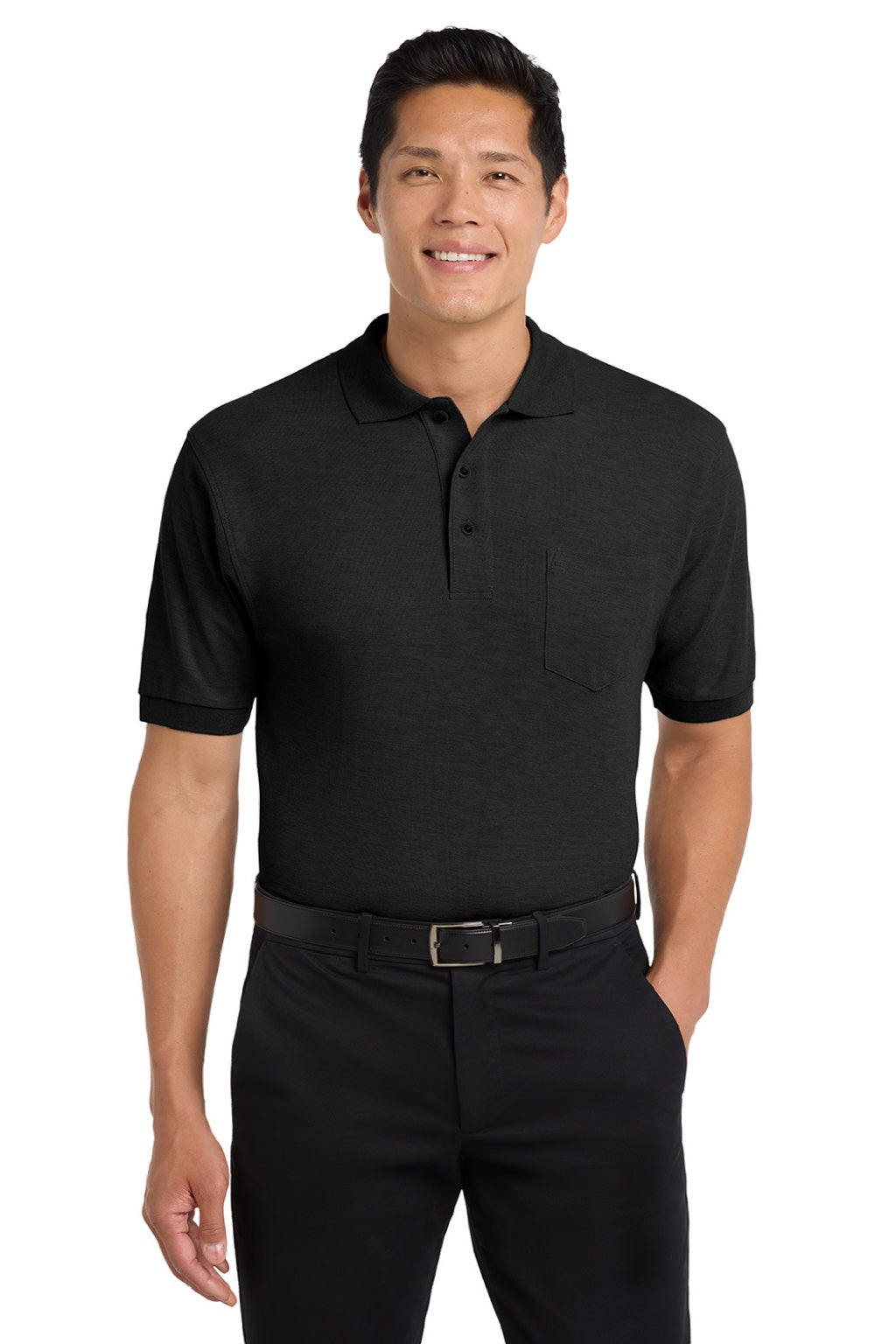 Port Authority K500P/TLK500P Mens Silk Touch Wrinkle Resistant Short Sleeve Polo Shirt w/ Pocket Black Model Front