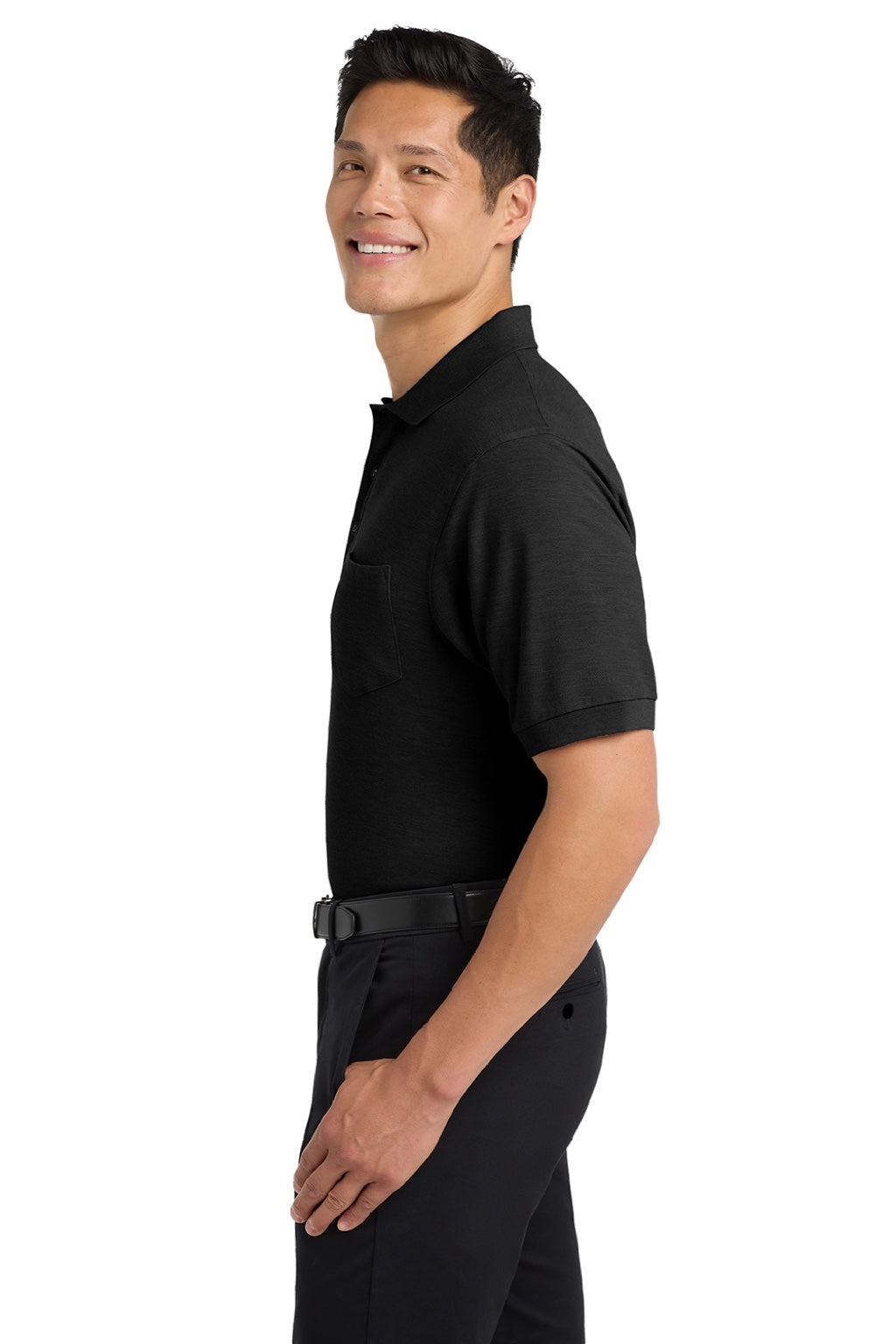 Port Authority K500P/TLK500P Mens Silk Touch Wrinkle Resistant Short Sleeve Polo Shirt w/ Pocket Black Model Side