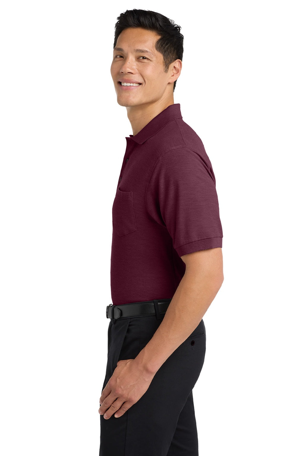 Port Authority K500P/TLK500P Mens Silk Touch Wrinkle Resistant Short Sleeve Polo Shirt w/ Pocket Burgundy Model Side