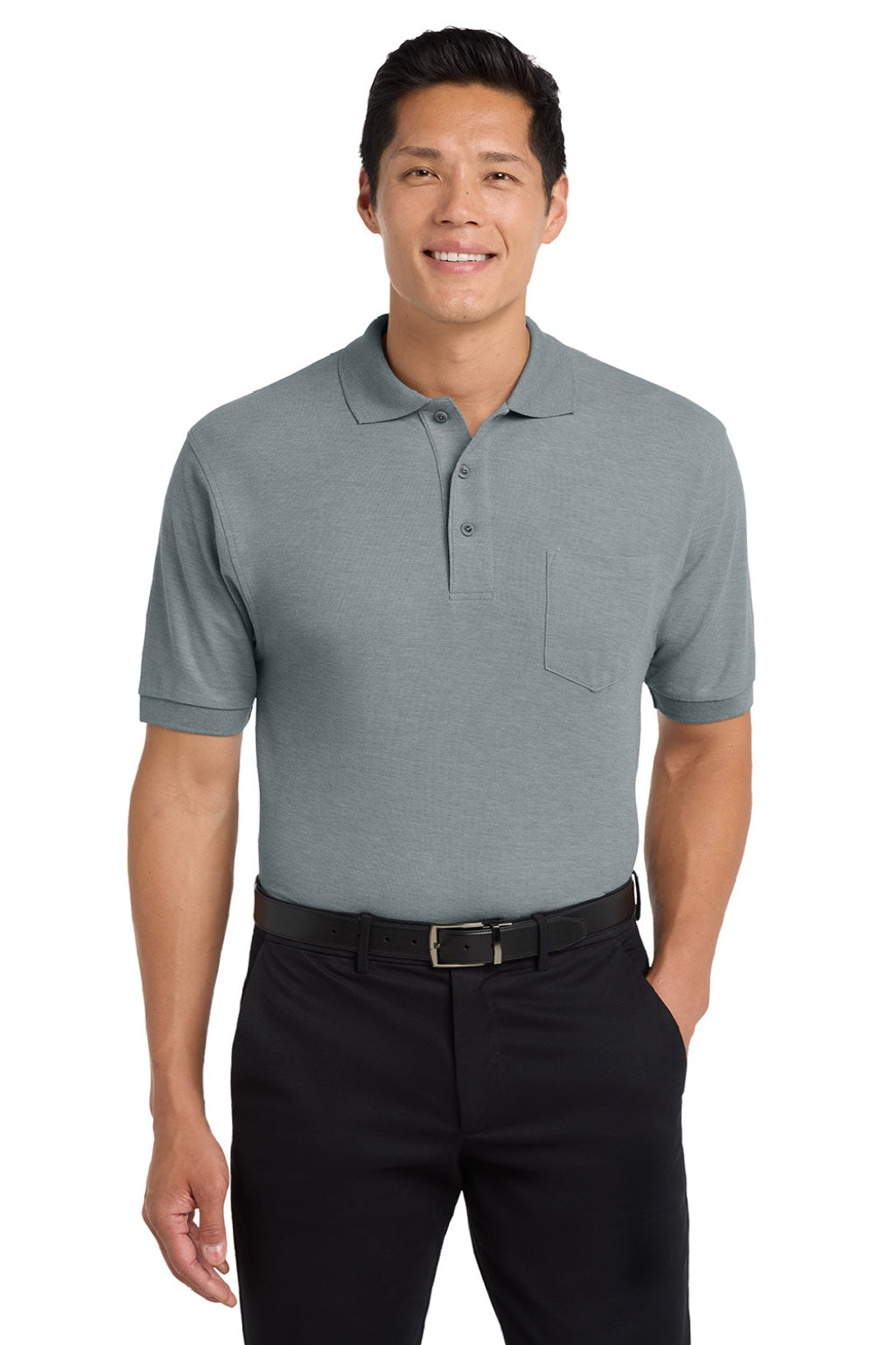 Port Authority K500P/TLK500P Mens Silk Touch Wrinkle Resistant Short Sleeve Polo Shirt w/ Pocket Cool Grey Model Front