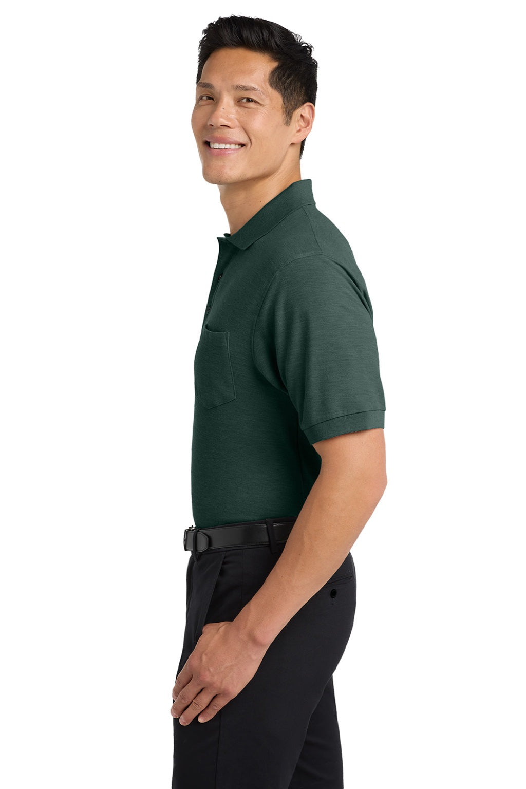 Port Authority K500P/TLK500P Mens Silk Touch Wrinkle Resistant Short Sleeve Polo Shirt w/ Pocket Dark Green Model Side