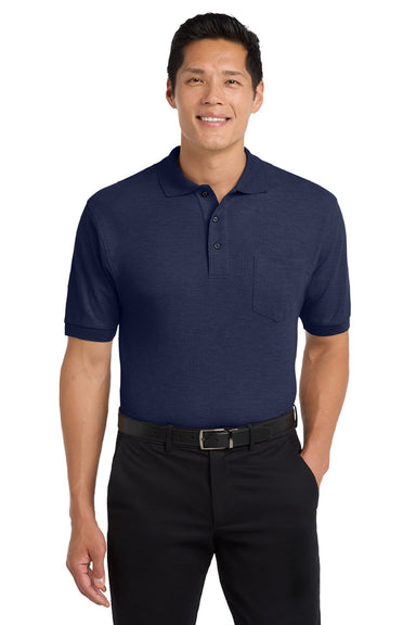 Port Authority K500P/TLK500P Mens Silk Touch Wrinkle Resistant Short Sleeve Polo Shirt w/ Pocket Navy Blue Model Front